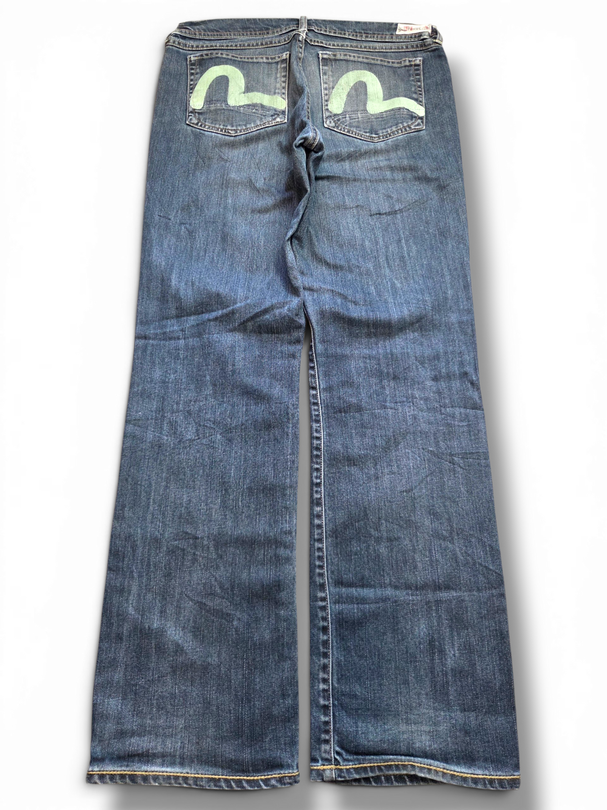 Evisu dark wash painted logo jeans, painted logo detail