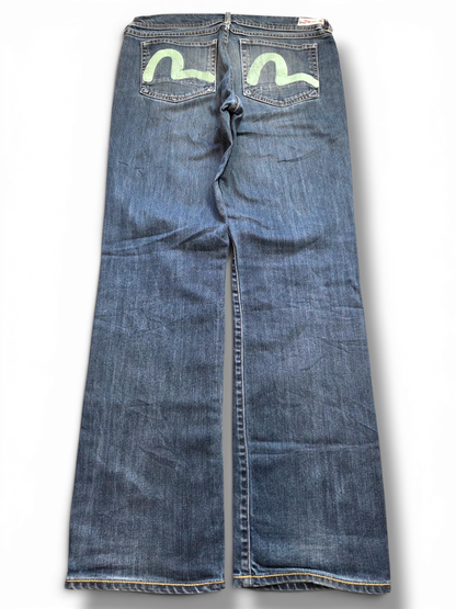 Evisu dark wash painted logo jeans, painted logo detail