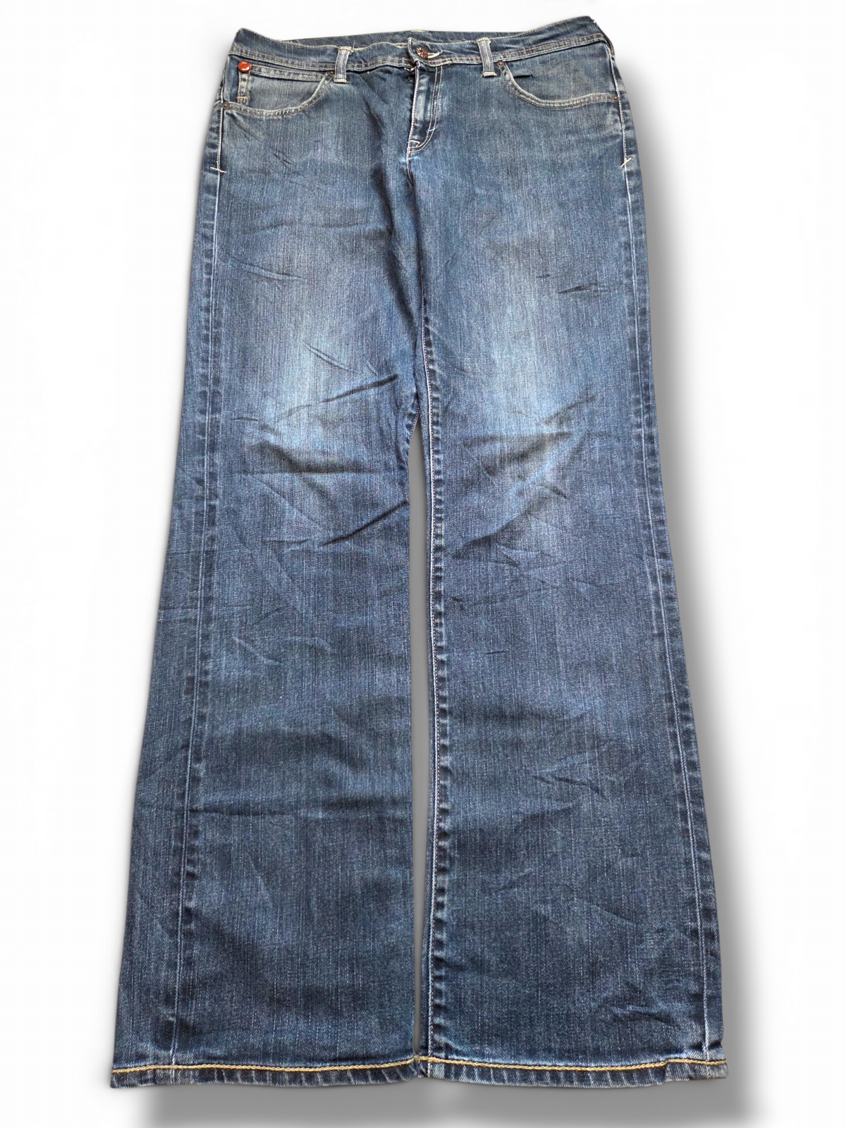 Evisu dark wash painted logo jeans, full length view