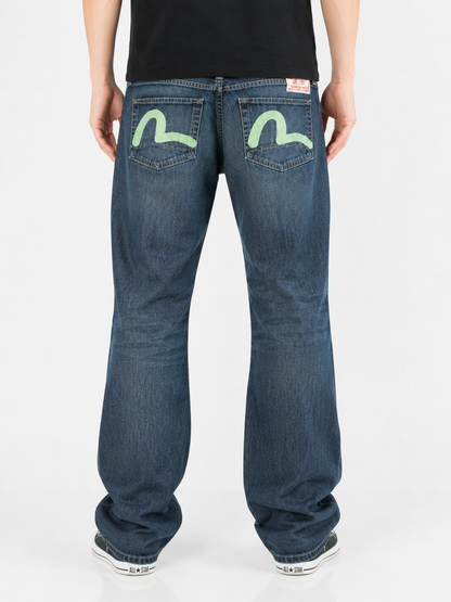 Evisu dark wash painted logo jeans, front view