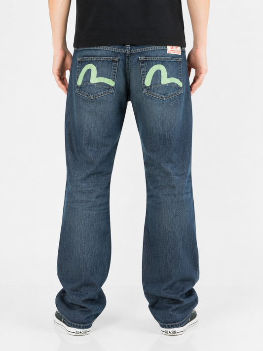 Evisu dark wash painted logo jeans, front view