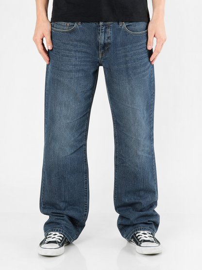 Evisu dark wash painted logo jeans, back view